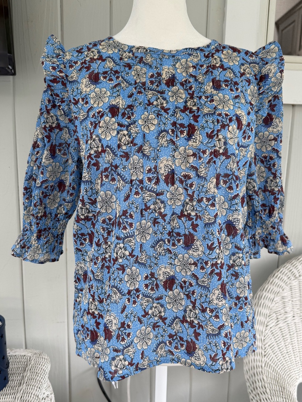 LOFT Blue Floral Puff-Sleeve Blouse